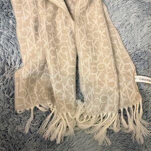 Calvin Klein Cream Monogram Fringe Scarf